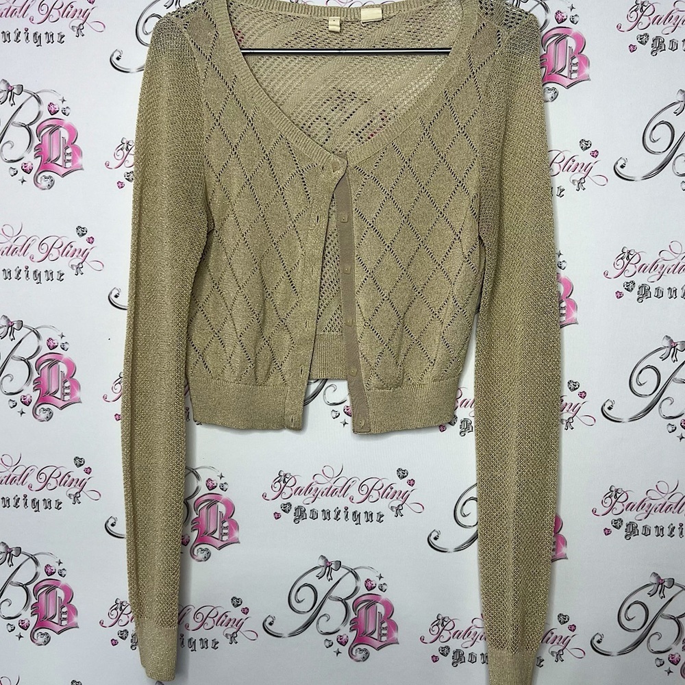 MOTH sparkly gold cardigan glitter button up crochet knitted cute Anthropologie